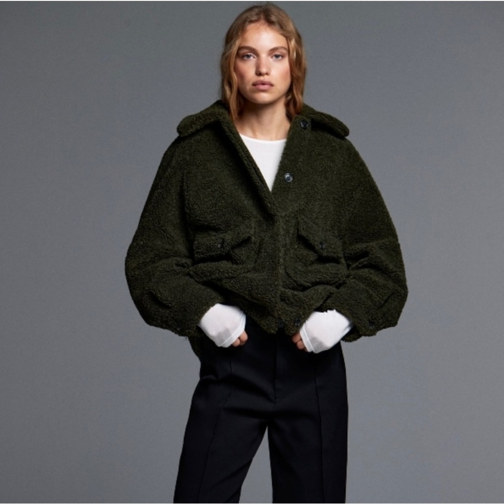 Zara Teddy coat Dark Green faux shearling jacket coat sz L